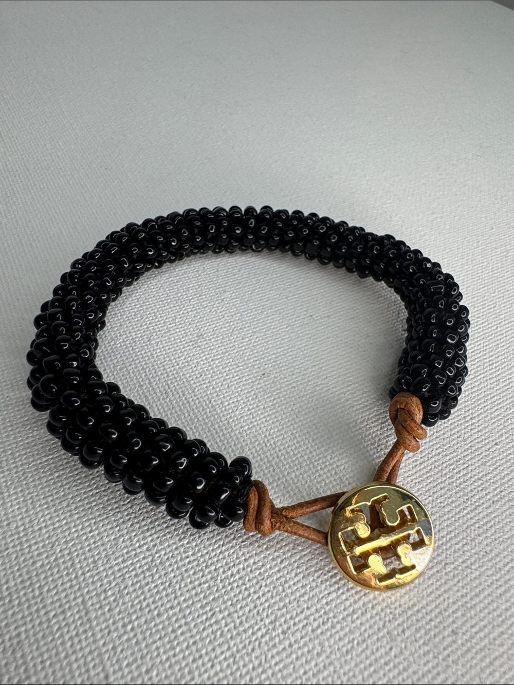 Tory Burch Black Seed Bead & Leather Logo Button Wrap Bracelet